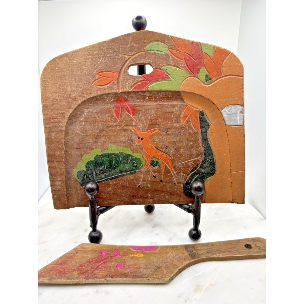 Vintage Wood Hand Carved & Tole Painted Crumb Tray & Scraper circa 1930's Japan